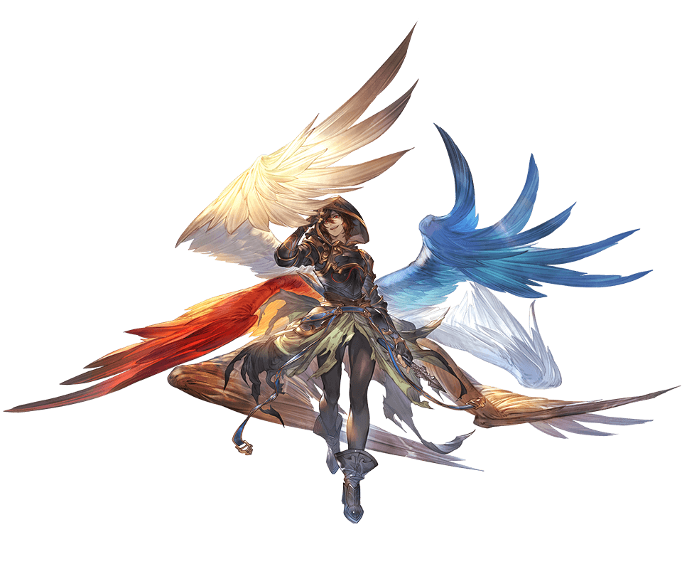1boy ahoge arm_up armor belt bishounen black_pants blue_wings boots breastplate brown_hair brown_wings cape crazy_smile downscaled evil_grin evil_smile full_body granblue_fantasy green_cape grin hair_between_eyes holding holding_weapon hood hood_up male_focus minaba_hideo multiple_wings official_art pants red_eyes red_wings resized sandalphon_(granblue_fantasy) smile solo_focus tachi-e teeth upper_teeth_only weapon white_wings wings yandere