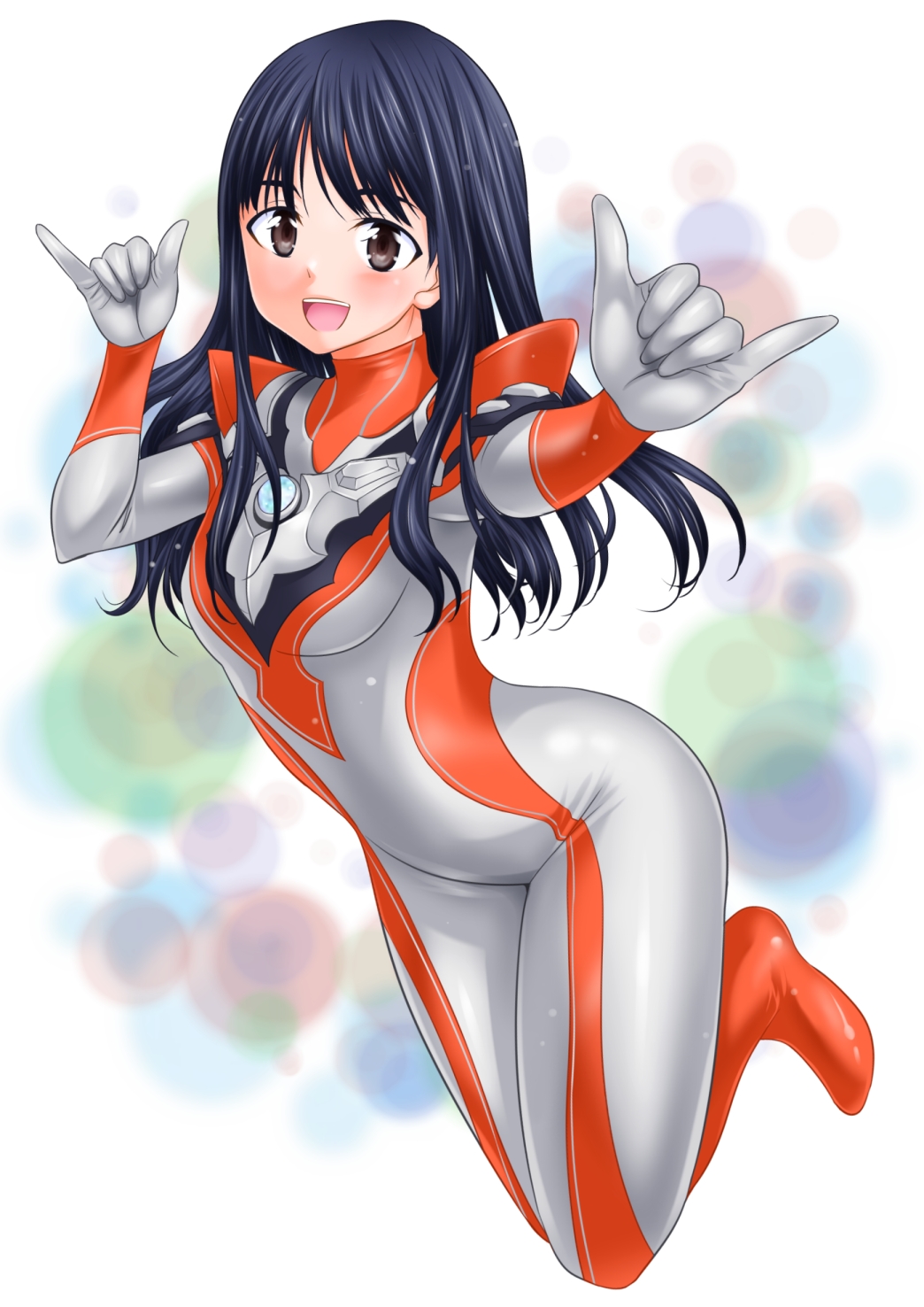 1girl abe_tsukumo animification black_hair blush bodysuit boots breasts brown_eyes color_timer gloves hand_up happy highres jumping long_hair looking_at_viewer medium_breasts minato_asahi multicolored_bodysuit no_headwear open_mouth orange_bodysuit orange_boots patterned_background shiny_clothes silver_gloves simple_background skin_tight smile solo tokusatsu ultra_series ultraman_r/b ultrawoman_grigio
