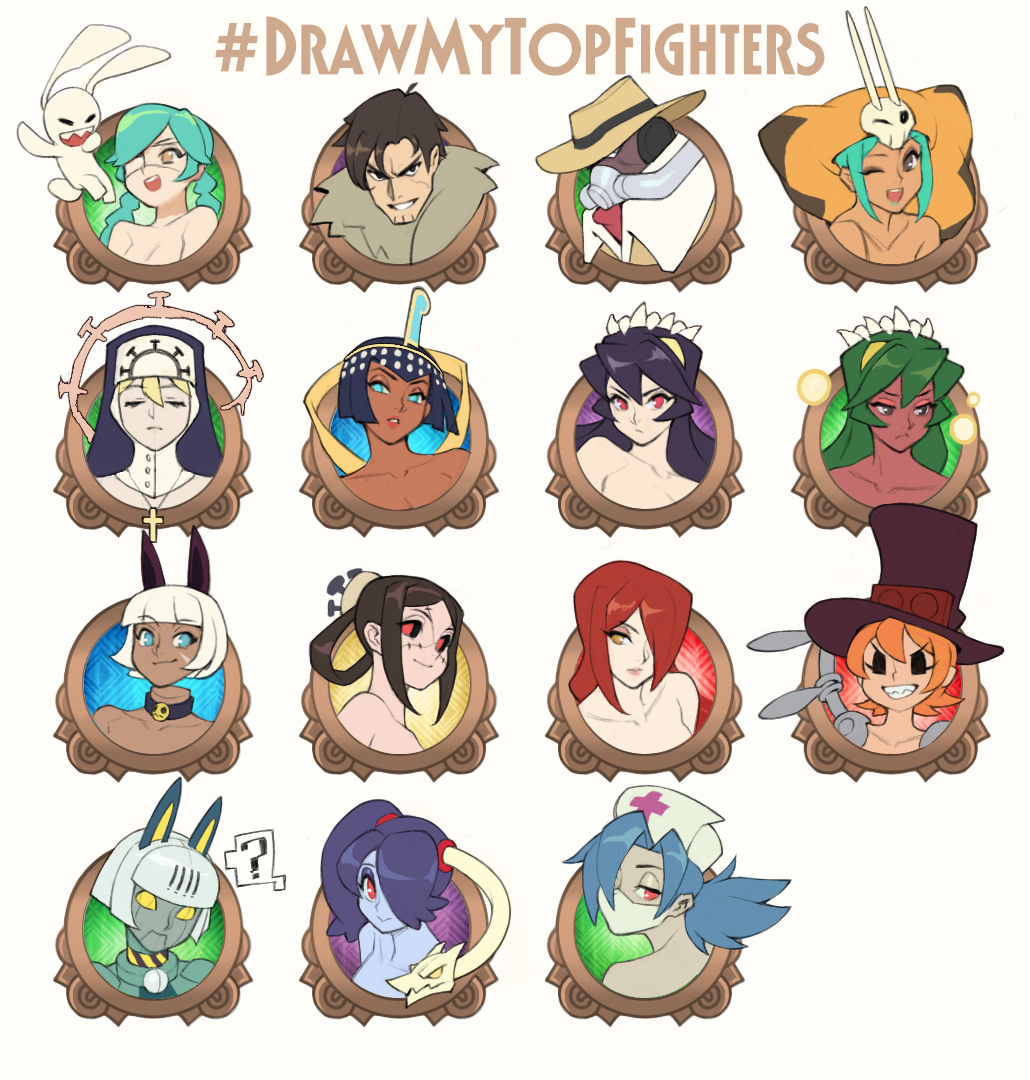 2boys 6+girls ? android annie_(skullgirls) beowulf_(skullgirls) big_band black_hair black_sclera blonde_hair blue_eyes blue_hair blue_skin bob_cut border braid breasts cat_girl cerebella_(skullgirls) cleavage closed_eyes collar collarbone colored_sclera colored_skin cross cross_necklace cyborg daidai_(gz9617) dark-skinned_female dark-skinned_male dark_skin double_(skullgirls) eliza_(skullgirls) everyone eyepatch eyeshadow facial_hair fedora filia_(skullgirls) fukua_(skullgirls) fur_trim green_hair green_lips grin hair_over_one_eye hair_up half-closed_eyes hat jewelry leviathan_(skullgirls) long_hair makeup mask mouth_mask ms._fortune_(skullgirls) multiple_boys multiple_girls neck_bell necklace nude nun nurse_cap one_eye_closed open_mouth orange_hair painwheel_(skullgirls) parasoul_(skullgirls) peacock_(skullgirls) ponytail portrait red_eyes red_hair respirator robo-fortune sagan_(skullgirls) samson_(skullgirls) scar shamone_(skullgirls) sharp_teeth short_hair side_ponytail skullgirls smile squigly_(skullgirls) stitched_mouth stitches stubble surgical_mask teeth tiara top_hat topless_female twin_braids upper_body valentine_(skullgirls) vice-versa_(skullgirls) white_background white_hair yellow_eyes zombie