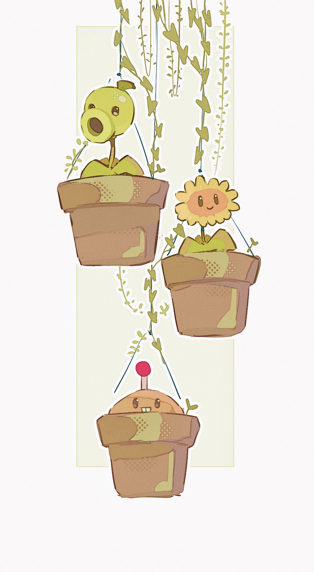 black_eyes border buck_teeth closed_mouth flower flower_pot green_background halftone hashtag-only_commentary highres hightguy looking_at_viewer no_humans outline outside_border peashooter_(plants_vs._zombies) plant plant_focus plants_vs._zombies potato_mine_(plants_vs._zombies) smile solid_oval_eyes sunflower sunflower_(plants_vs._zombies) teeth vines white_border white_outline