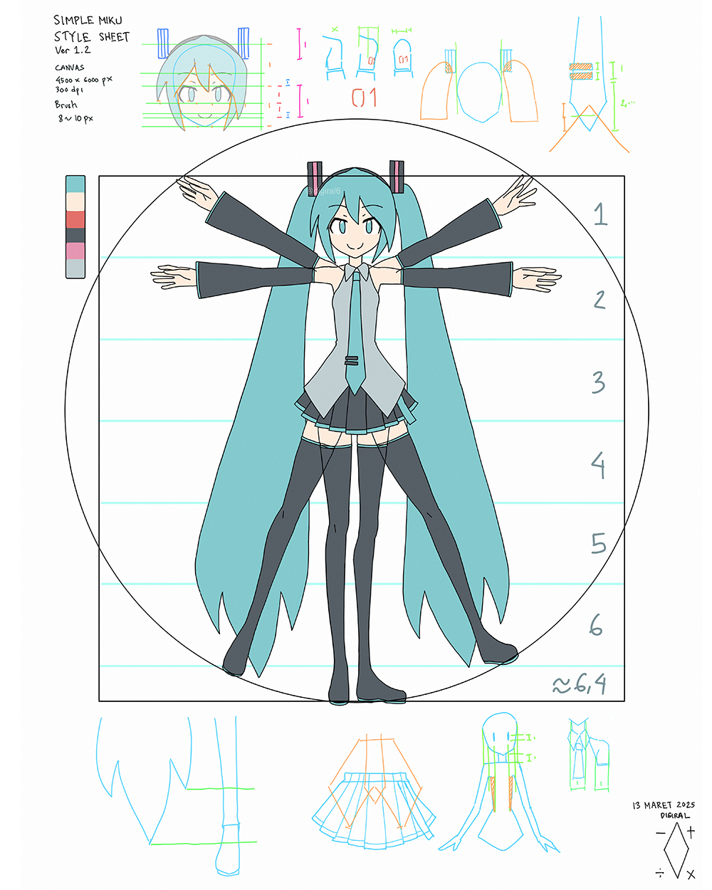 1girl aqua_eyes aqua_hair artist_logo artist_name black_boots black_skirt black_sleeves boots c: color_guide commentary_request dated detached_sleeves digiral fine_art_parody full_body grey_shirt hatsune_miku highres logo long_hair looking_at_viewer outstretched_arms parody pleated_skirt pointing_out_the_details reference_sheet shirt skirt sleeveless sleeveless_shirt smile solo spread_arms standing straight-on thigh_boots twintails very_long_hair vitruvian_man vocaloid