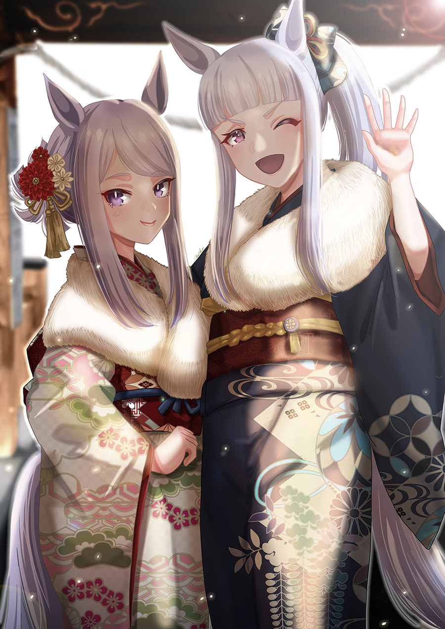 2girls animal_ears black_kimono blurry commentary_request cowboy_shot fur-trimmed_kimono fur_trim gold_ship_(umamusume) grey_hair hatsumoude highres horse_ears horse_girl horse_tail japanese_clothes kimono long_sidelocks long_sleeves looking_at_viewer mejiro_mcqueen_(umamusume) multiple_girls new_year one_eye_closed open_mouth otono_(bkt4b) purple_eyes purple_hair sidelocks smile tail umamusume v-shaped_eyebrows waving white_kimono wide_sleeves
