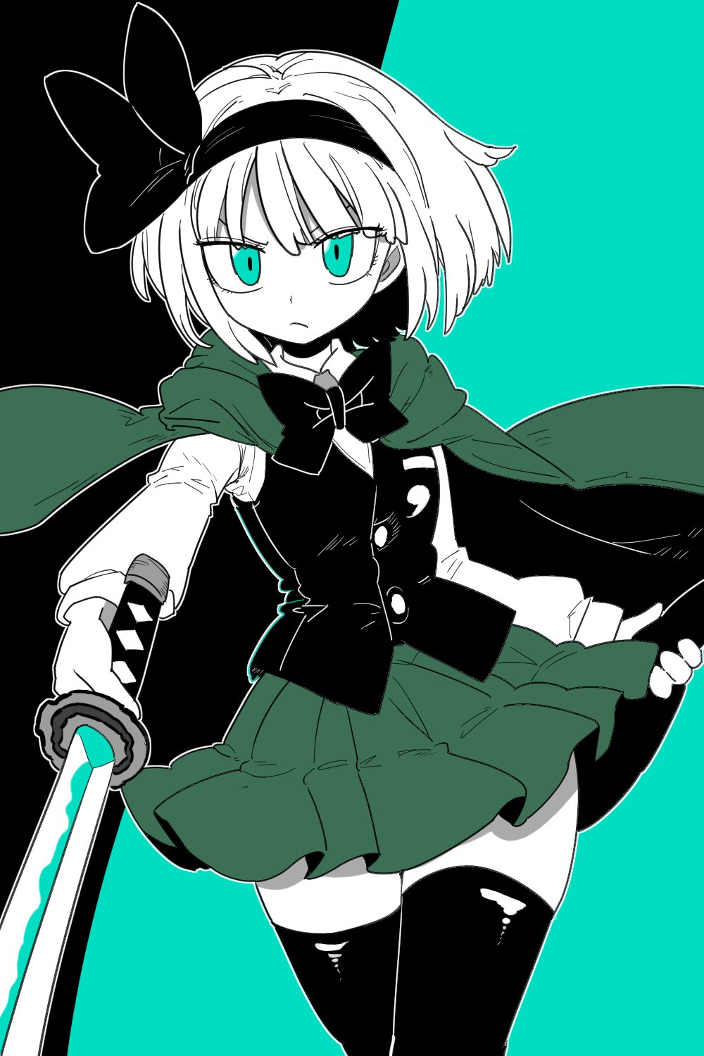 1girl :/ aqua_background aqua_eyes black_bow black_bowtie black_hairband black_ribbon black_thighhighs black_vest bob_cut bollzzalguy bow bowtie cape dress_shirt green_cape green_skirt hair_ribbon hairband highres konpaku_youmu long_sleeves pleated_skirt ribbon shirt short_hair skirt solo thighhighs touhou vest white_hair white_shirt zettai_ryouiki