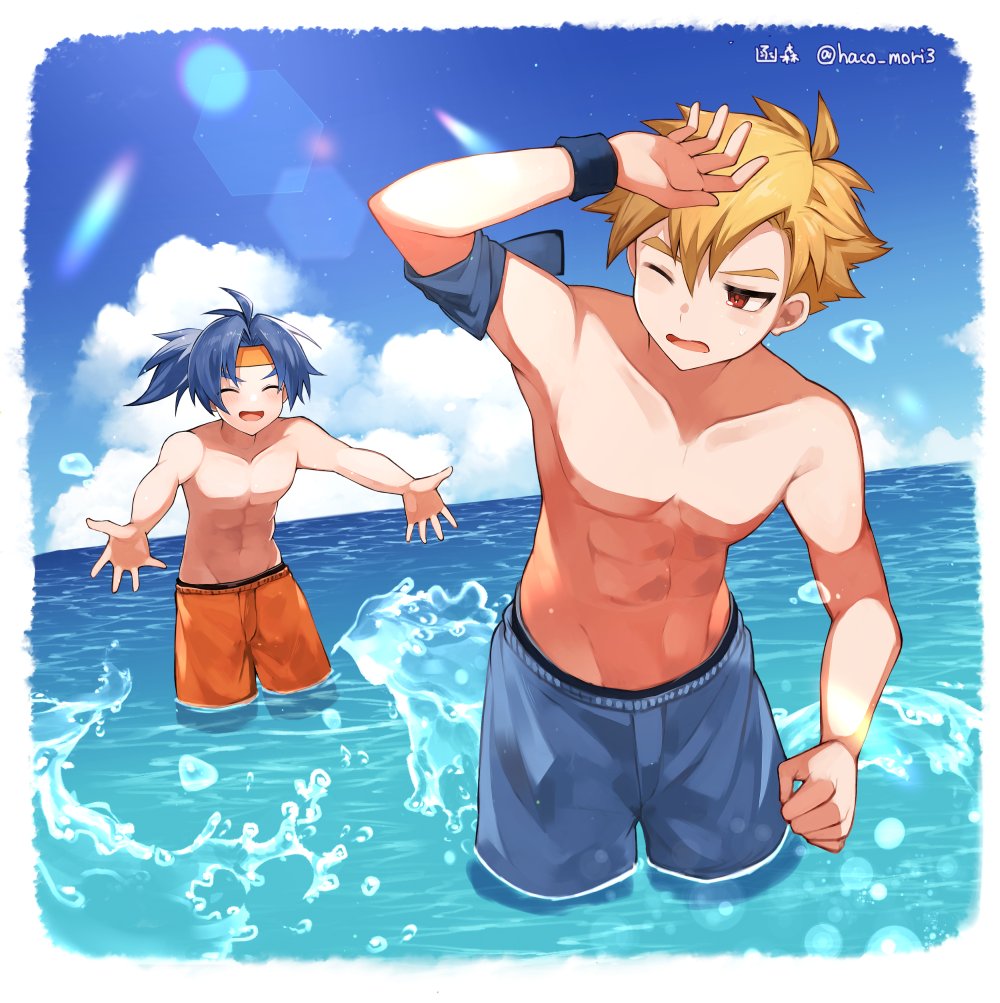 2boys arm_up beach blonde_hair blue_hair blue_male_swimwear blue_sky closed_eyes commission headband male_focus male_swimwear memo_haco multiple_boys muscular muscular_male ocean one_eye_closed open_mouth orange_male_swimwear original ponytail red_eyes short_hair skeb_commission sky topless_male water