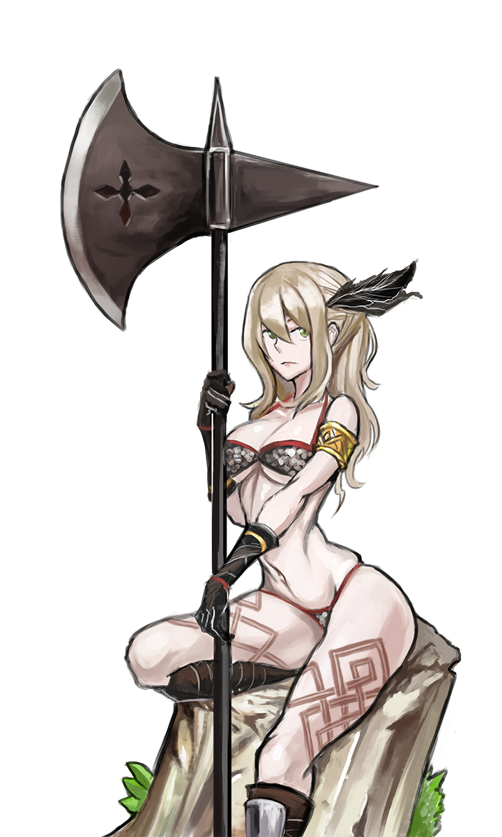 1girl amazon_(dragon&#039;s_crown) amazon_(dragon&#039;s_crown)_(cosplay) amazon_warrior armlet armor axe bikini_armor black_feathers breasts cleavage cosplay damagefloor dragon&#039;s_crown effie_(fire_emblem) feathers fire_emblem fire_emblem_fates halberd highres holding holding_axe jewelry medium_breasts metal_bikini muscular muscular_female nintendo polearm underboob weapon