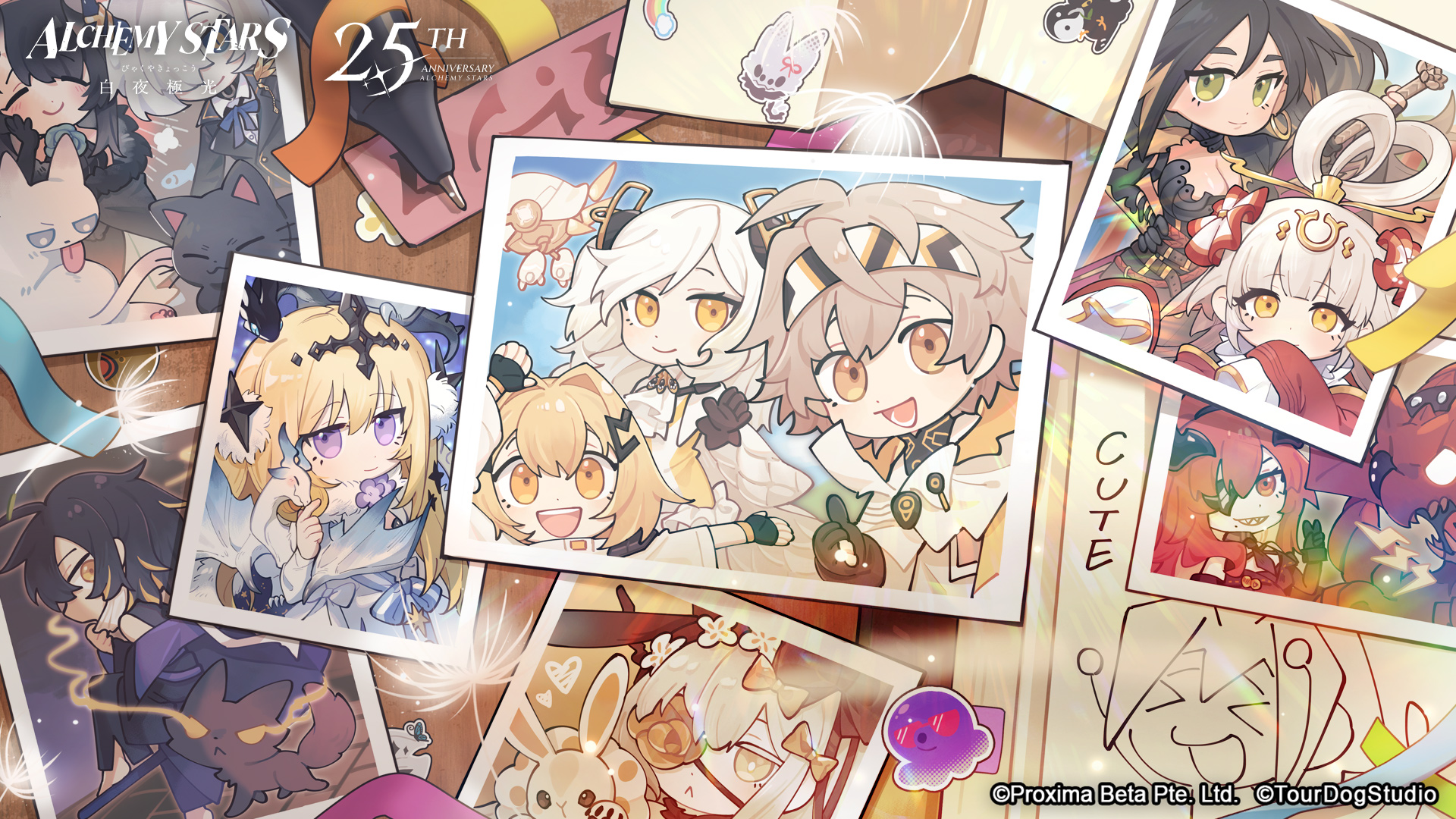 alchemy_stars bethlehem_(alchemy_stars) breasts carleen_(alchemy_stars) chibi cleavage covering_own_mouth cuscuta_(alchemy_stars) dantang_(alchemy_stars) dragon firefly_(alchemy_stars) flower flower_over_eye hair_ornament highres hydrad_(alchemy_stars) jane_(alchemy_stars) leona_(alchemy_stars) long_hair medium_breasts navigator_(alchemy_stars) octopus official_art pen photo_(object) rabbit sariel_(alchemy_stars) sharp_teeth short_hair smile teeth toto_(alchemy_stars) vice_(alchemy_stars) xuan_ji_(alchemy_stars)