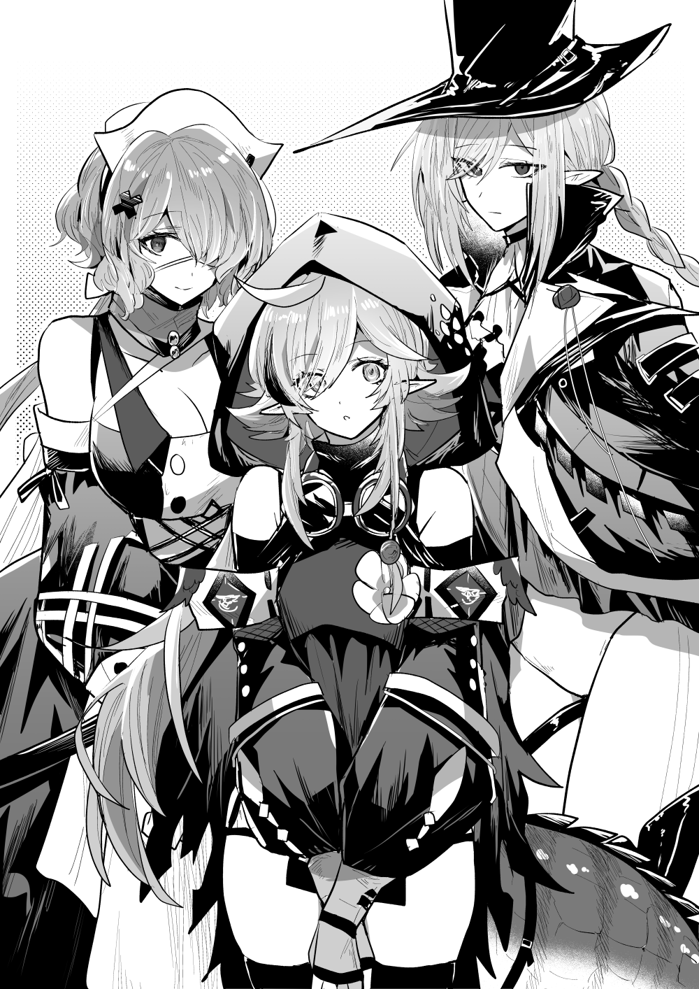 3girls :o ahoge arknights bare_shoulders braid breasts cleavage cowboy_shot crocodilian_tail detached_sleeves dotted_background dress expressionless flower_on_chest gladiia_(arknights) gloves goggles goggles_around_neck greyscale hair_ornament hair_over_one_eye hat high_collar highres hood hood_up iwashi_80 large_breasts long_sleeves looking_at_viewer monochrome multiple_girls nurse_cap partially_fingerless_gloves pointy_ears pointy_hat ponytail short_hair_with_long_locks sidelocks simple_background small_breasts smile swept_bangs tail thighhighs tomimi_(arknights) v_arms whisperain_(arknights) white_background x_hair_ornament