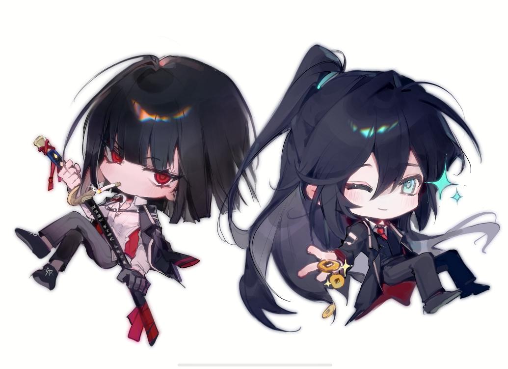 1boy 1girl aqua_eyes black_hair black_pants black_vest bob_cut chibi closed_mouth coin collared_shirt full_body gold_coin half_updo holding holding_sword holding_weapon hong_lu_(project_moon) katana limbus_company long_hair necktie one_eye_closed ootachi pants project_moon red_eyes red_necktie ryoshu_(project_moon) shirt short_hair simple_background smile sparkle sword taoer. very_long_hair vest weapon white_background white_shirt