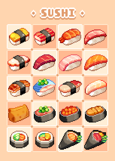chansui_(ginping0602) fish_(food) food food_focus gunkanmaki ikura_(food) meat no_humans nori_(seaweed) orange_background original pixel_art romaji_text salmon simple_background sushi