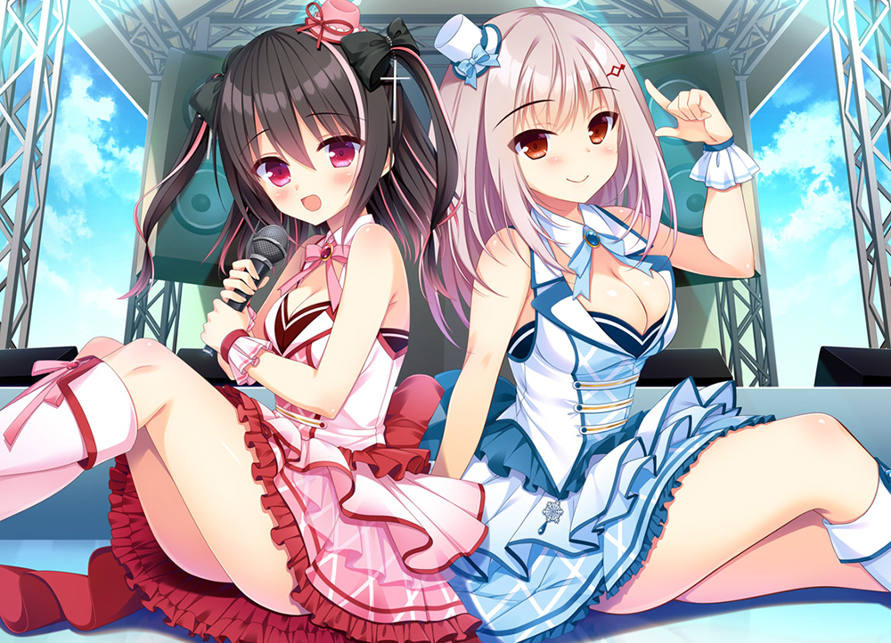 2girls :d adachi_chii back-to-back back_bow bare_arms black_bow black_hair blue_bow blue_bowtie blue_skirt blush boots bow bowtie breasts cleavage cleavage_cutout closed_mouth clothing_cutout collared_shirt cross_hair_ornament day eyes_visible_through_hair feet_out_of_frame frilled_skirt frilled_wrist_cuffs frills fuyuichi_monme hair_between_eyes hair_bow hair_ornament hairclip hands_up happy hat hat_bow hat_ribbon holding holding_microphone idol idol_clothes index_finger_raised knees_up koibana_ren&#039;ai large_breasts long_hair looking_at_viewer medium_breasts microphone mini_hat multicolored_hair multiple_girls official_art open_mouth otome_kokoro outdoors pink_bow pink_bowtie pink_hair pink_shirt pink_skirt plaid_clothes plaid_skirt red_bow red_eyes red_ribbon ribbon shirt sitting skirt sleeveless sleeveless_shirt smile stage straight_hair streaked_hair thighs top_hat two-tone_hair two_side_up white_boots white_shirt wrist_cuffs yuuki_rika