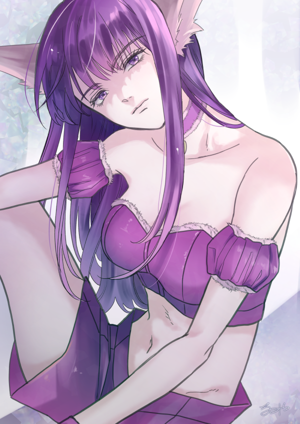 1girl animal_ears closed_mouth crop_top multiple_expressions fujiwara_zakuro long_hair looking_at_viewer magical_girl mew_zakuro navel purple_eyes purple_hair purple_shirt purple_shorts rumiya_(inuinugyoza) shirt shorts signature sleeveless sleeveless_shirt solo tokyo_mew_mew wolf_ears wolf_girl