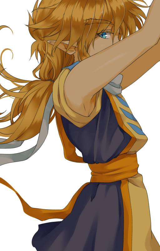 1boy arms_up black_tunic blue_eyes chigayasan commentary_request covered_mouth long_hair looking_at_viewer male_focus mashin_eiyuuden_wataru pointy_ears ponytail simple_background sleeveless solo tabard toraou tunic white_background yellow_tabard