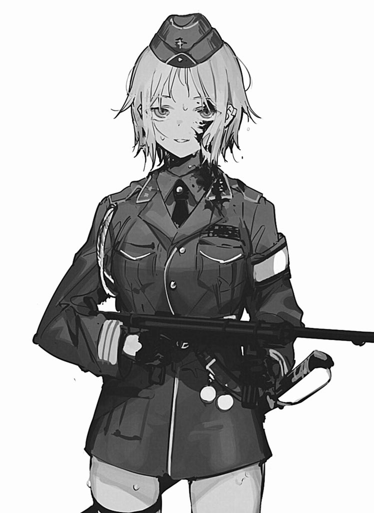 1girl aiguillette blood blood_on_clothes blood_on_face collared_shirt cowboy_shot garrison_cap girls&#039;_frontline greyscale gun hat holding holding_gun holding_weapon jacket long_sleeves looking_at_viewer military_hat military_uniform monochrome mp40 mp40_(girls&#039;_frontline) necktie shirt short_hair simple_background smile solo standing submachine_gun suiso_(owp) sweat weapon white_background