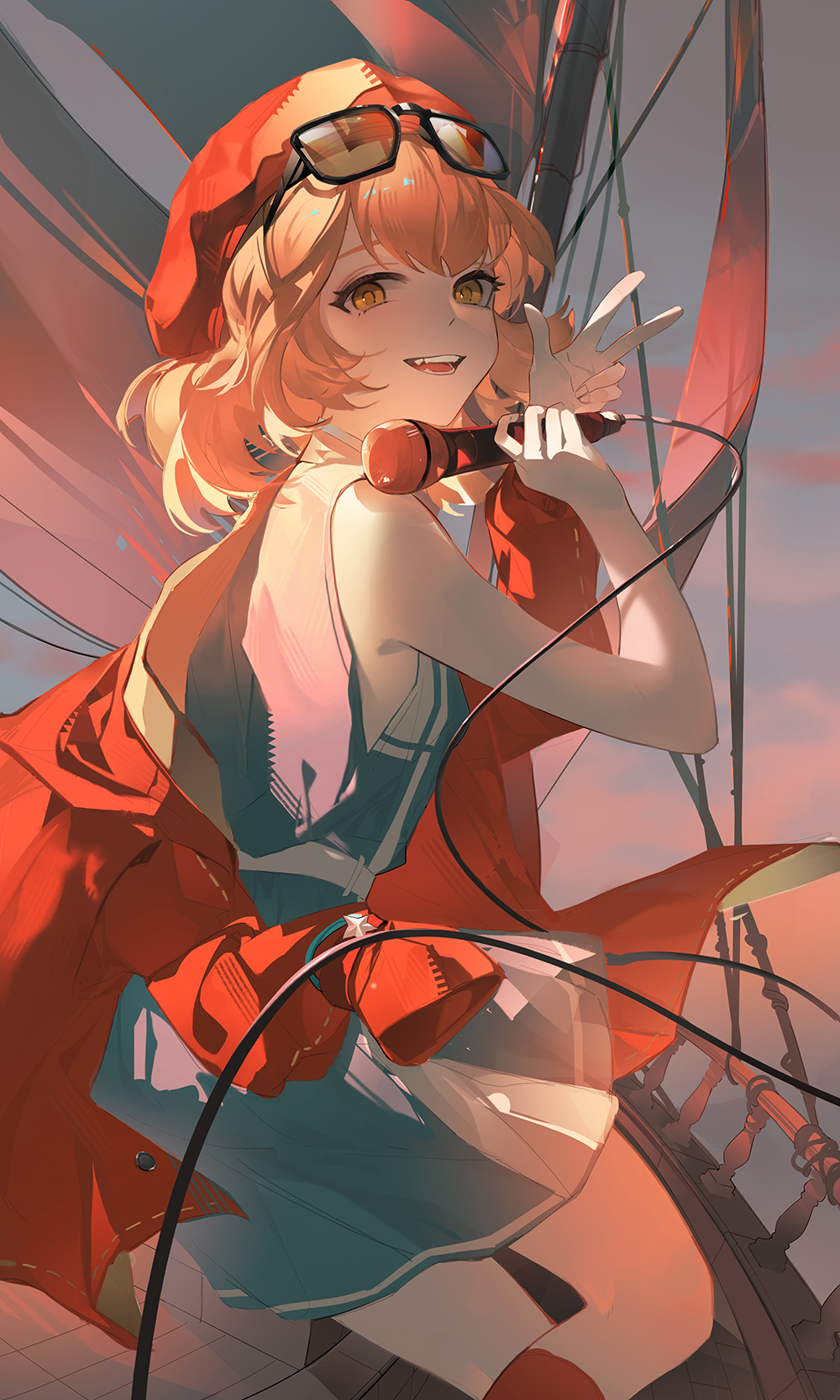 1girl :d aqua_dress arm_out_of_sleeve bare_arms bare_shoulders beret boat brown_hair chanc030 dress eyewear_on_head from_side grey_sky hands_up hat highres holding holding_microphone jacket looking_at_viewer microphone open_mouth orange_eyes red_hat red_jacket regulus_(reverse:1999) reverse:1999 sail sailboat short_dress short_hair sky sleeveless sleeveless_dress smile solo sunglasses teeth w watercraft wire