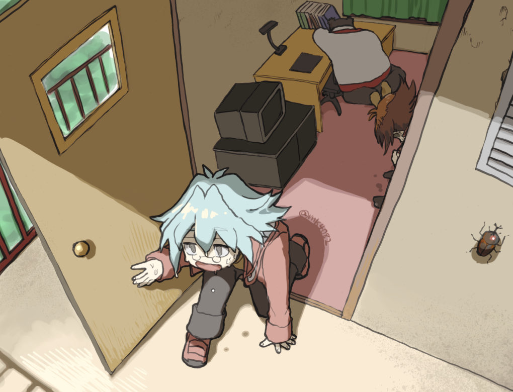 3boys black_pants book crt desk doorway grey_eyes hercules_beetle hot indoors maeda_hayato male_focus marufuji_sho moiko multiple_boys open_mouth pants short_hair summer sunlight sweat twitter_username yu-gi-oh! yu-gi-oh!_gx yuki_judai