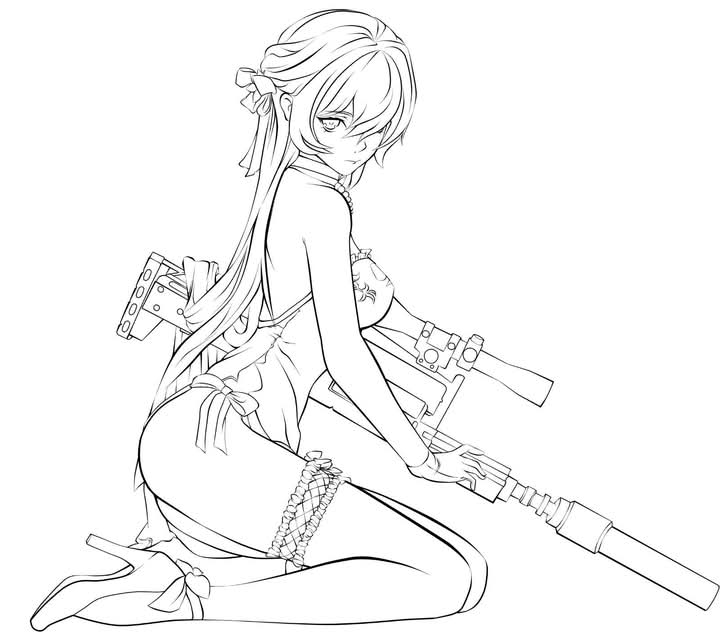 assault_rifle bullpup choker corset girls&#039;_frontline girls&#039;_frontline_2:_exilium gloves groza_(girls&#039;_frontline_2) gun hair_between_eyes hair_over_one_eye hair_ribbon high_heels holding holding_weapon leg_ribbon lineart lingerie long_hair looking_at_viewer ots-14_(girls&#039;_frontline) ots-14_groza ribbon ribbon_shoes rifle sidelocks sniper_rifle underwear weapon white_gloves