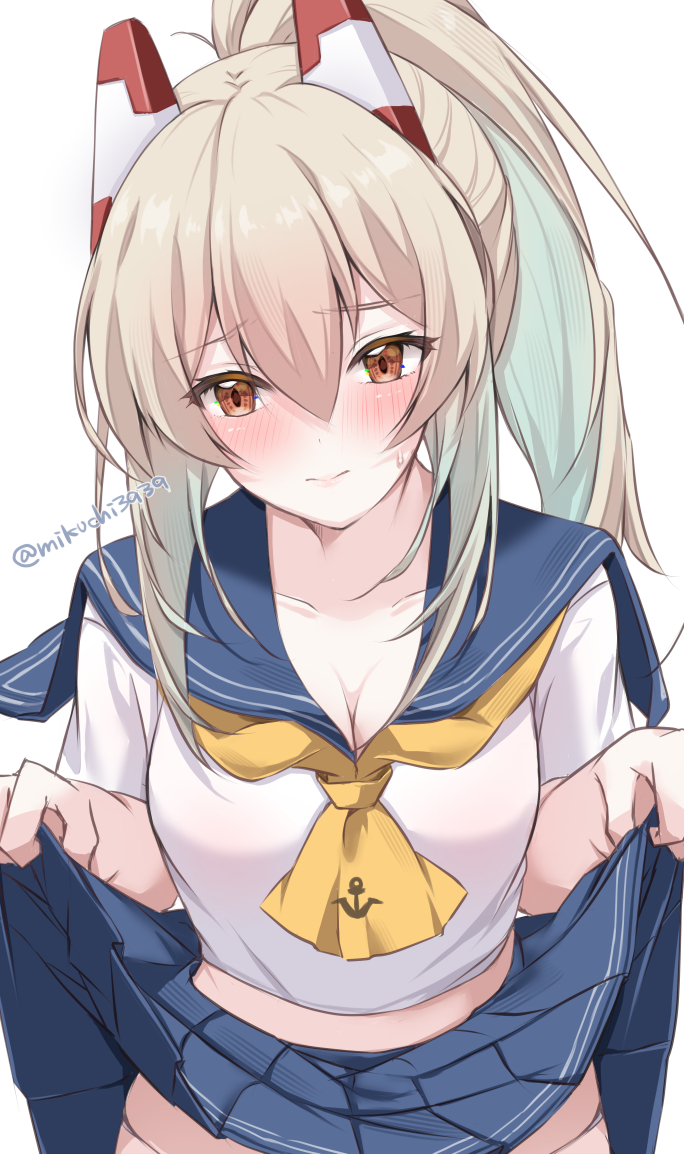 1girl ayanami_(azur_lane) azur_lane blonde_hair blue_sailor_collar blue_skirt blush breasts clothes_lift hair_between_eyes hair_ornament hashtag-only_commentary headgear lifting_own_clothes long_hair looking_at_viewer medium_breasts mikuchi3939 neckerchief orange_eyes pleated_skirt ponytail red_eyes sailor_collar school_uniform serafuku shirt short_sleeves skirt skirt_lift smile solo thighhighs white_shirt white_thighhighs yellow_neckerchief
