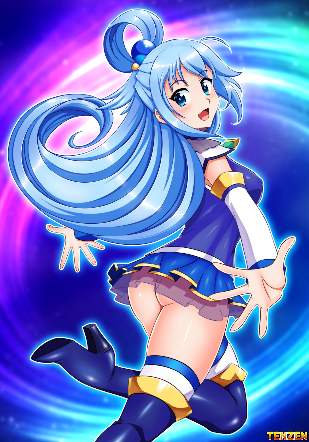 1girl aqua_(konosuba) artist_name ass asymmetrical_bangs blue_boots blue_eyes blue_hair blue_shirt blue_skirt blue_thighhighs blurry blurry_background blush boots breasts commentary covered_erect_nipples detached_sleeves english_commentary female_focus from_behind from_side gold_trim hair_ornament hair_rings high_heels highres kono_subarashii_sekai_ni_shukufuku_wo! leg_up long_hair looking_at_viewer looking_back medium_breasts no_panties open_mouth outline outstretched_arms shiny_clothes shiny_skin shirt skirt solo tenzen_(netspike) thigh_boots thighhighs very_long_hair white_outline
