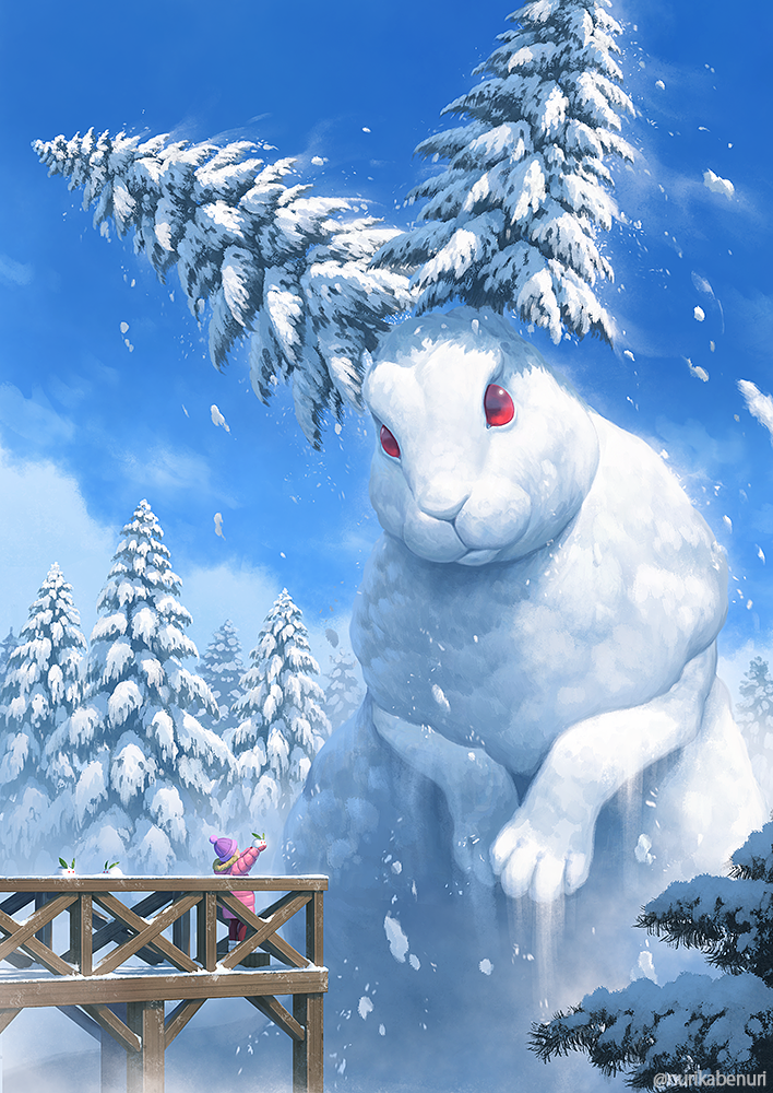 1girl animal beanie blue_sky child cloud creature day down_jacket forest hat holding jacket nature nurikabe_(mictlan-tecuhtli) original outdoors outstretched_arms oversized_animal pink_headwear pink_jacket rabbit sky snow snow_rabbit standing tree winter