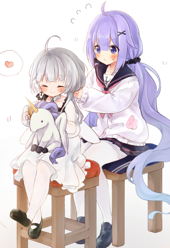2girls adjusting_hair ahoge azur_lane black_footwear black_skirt blush brushing_hair cardigan chil comb brushing_hair dress ekuramani closed_eyes flying_sweatdrops hair_ornament hairclip heart little_illustrious_(azur_lane) long_hair low_twintails mary_janes multiple_girls pantyhose purple_eyes purple_hair sailor_collar school_uniform scrunchie shoes silver_hair sitting skirt smile spoken_heart stool stuffed_animal stuffed_toy stuffed_unicorn twintails unicorn_(azur_lane) very_long_hair white_cardigan white_dress white_legwear