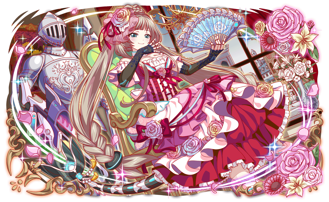 1girl aqua_eyes armor back_bow bare_shoulders beads black_gloves blonde_hair blunt_bangs blush border bow braid braided_ponytail breasts building cel_shading chair chandelier character_request cleavage closed_mouth collar crash_fever cross-laced_clothes cross-laced_dress crown_braid curtains cyborg detached_collar detached_sleeves dress dutch_angle fake_tail fins fish_tail floral_print flower flower_pot flower_request full_body game_cg gloves hair_flower hair_ornament hair_ribbon hairband hand_fan helmet high_heels holding holding_fan indoors lace lace-trimmed_bow lace-trimmed_dress lace_trim long_hair looking_at_viewer low-tied_long_hair low_twin_braids mechabare mechanical_arms mechanical_head mechanical_tail medium_breasts multicolored_dress multicolored_flower multicolored_rose no_socks official_art on_chair outline painting_(object) picture_frame pink_bow pink_flower pink_petals pink_rose pink_shoes polearm red_bow red_outline red_ribbon ribbon rooftop rose saturated see-through_clothes shirt shoes short_sleeves shoulder_armor smile solo sparkle spear strapless tachi-e tail tassel transparent_background twin_braids two-tone_tail very_long_hair weapon white_collar white_flower white_rose white_shirt white_sleeves window yellow_border yellow_flower