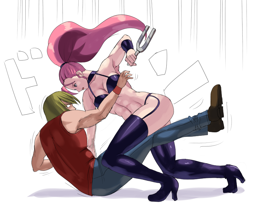 1boy 1girl 78_(tky8) abs ass attack bare_shoulders bikini blue_eyes boots breasts capcom captain_commando carol_(captain_commando) cleavage hairband high_heels large_breasts long_hair muscular muscular_female pants pink_hair ponytail punching shadow simple_background sleeveless swimsuit thigh_boots white_background