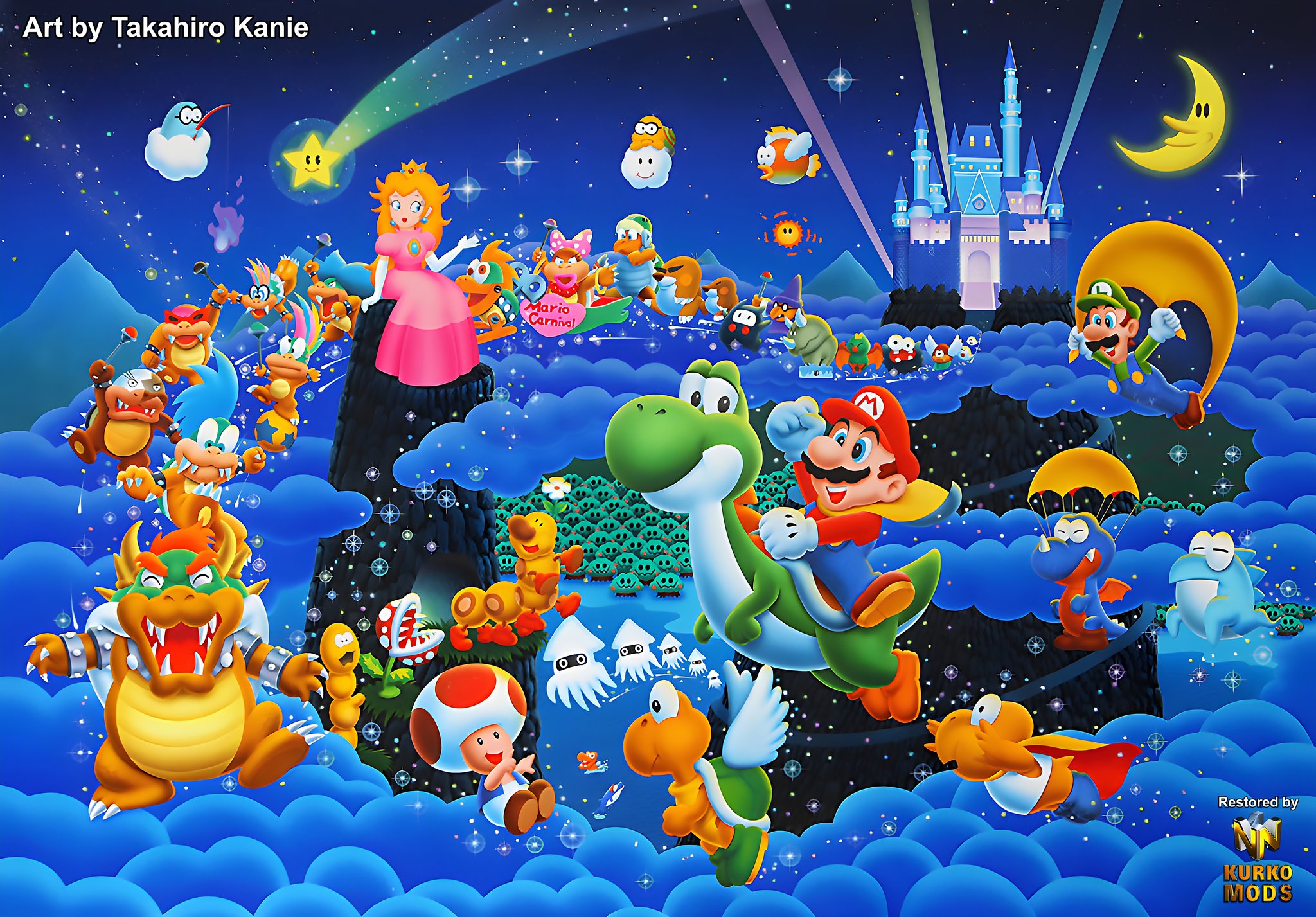 2girls 6+boys blargg blonde_hair blooper_(mario) boo_(mario) bowser brown_hair cape cape_luigi cape_mario castle cheep_cheep claws crown dinosaur dolphin_(mario) dress eerie_(super_mario_world) evil_grin evil_smile facial_hair fishing_boo flying fuzzy gloves goomba grin hammer_bro hat highres horns iggy_koopa koopa_paratroopa koopalings lakitu larry_koopa laughing lemmy_koopa lil_sparky ludwig_von_koopa luigi magikoopa mario mario_(series) mecha-koopa mega_mole monty_mole moon morton_koopa_jr. multiple_boys multiple_girls mustache night night_sky ninji nintendo official_art paragaloomba pink_dress piranha_plant pokey_(mario) princess_peach red_hair resized rex_(mario) reznor roy_koopa sitting sky smile super_star_(mario) super_koopa super_mario_world swoop_(mario) toad_(mario) upscaled wand wendy_o._koopa wiggler wings yoshi