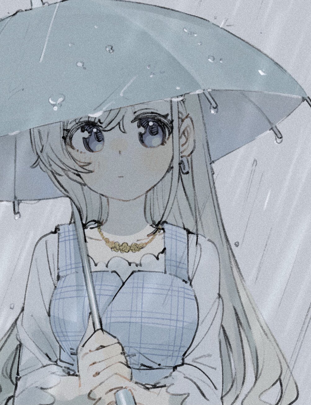 1girl blue_eyes dress expressionless grey_hair highres hisakawa_hayate idolmaster idolmaster_cinderella_girls jewelry long_hair looking_at_viewer necklace rain solo tenoo12 umbrella upper_body