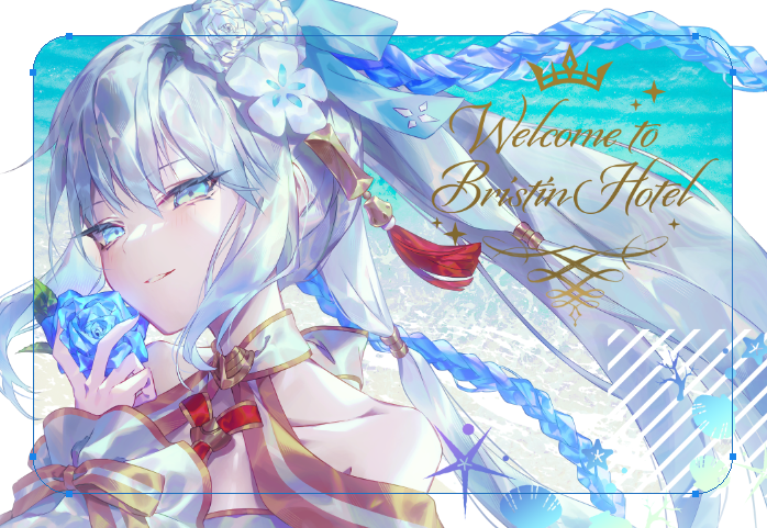 1girl blue_eyes blue_flower bow emoillu fate/grand_order fate_(series) flower hair_between_eyes hair_bow hair_flower hair_ornament long_hair looking_at_viewer morgan_le_fay_(fate) morgan_le_fay_(water_princess)_(fate) ponytail smile solo swimsuit white_hair