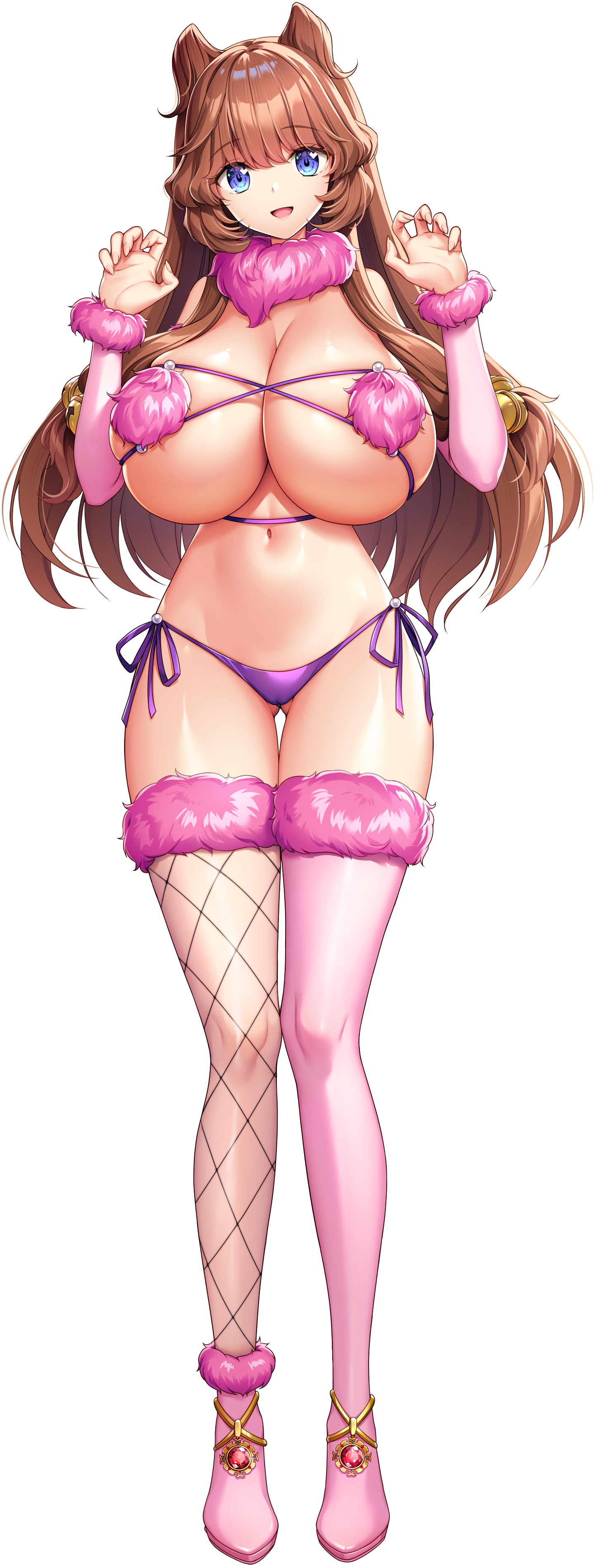 1girl absurdres akagi_rio bell blue_eyes boots breasts brown_hair claw_pose cleavage detached_sleeves double_bun eibel_haurisia full_body fur-trimmed_legwear fur-trimmed_sleeves fur-trimmed_thighhighs fur_bikini fur_collar fur_trim game_cg gao gluteal_fold hair_bell hair_bun hair_ornament hands_on_own_chest high_heel_boots high_heels highres huge_breasts long_hair long_sidelocks looking_at_viewer low-tied_sidelocks milk_factory motto!_haramase!_honoo_no_oppai_isekai_oppai_maid_gakuen! non-web_source official_art open_mouth panties pink_fur pink_thighhighs purple_panties revealing_clothes side-tie_panties sidelocks single_fishnet_legwear single_thighhigh smile solo sprite standing tachi-e thighhighs transparent_background underwear