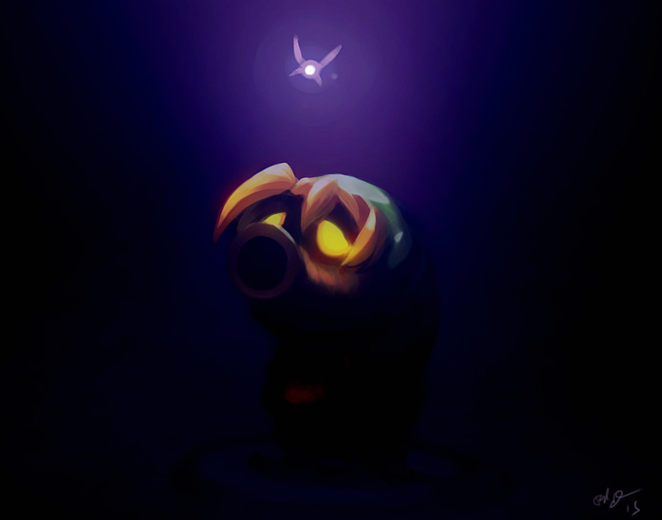 1boy blonde_hair blue_background commentary dark deku deku_link english_commentary fairy full_body hat looking_at_another looking_up male_focus nintendo phil_dragash signature tatl the_legend_of_zelda the_legend_of_zelda:_majora&#039;s_mask yellow_eyes