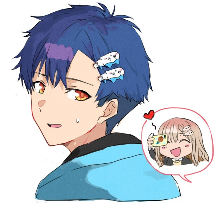 1boy 1girl asanaka_yomogi blue_hair blush brown_hair cellphone closed_eyes couple gridman_universe hair_ornament hairclip heart hetero hood hoodie jacket long_hair long_sleeves phone risyo school_uniform shirt short_hair smartphone smile ssss.dynazenon sweat yellow_eyes