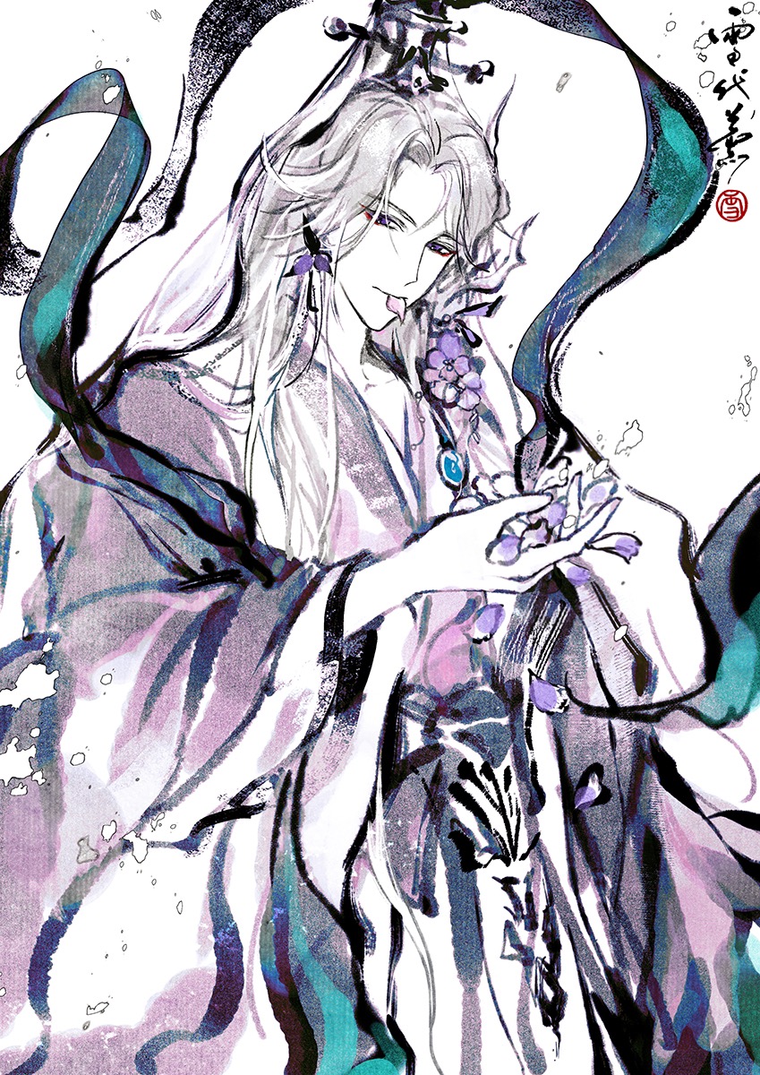 1boy black_sash cael_anselm chinese_clothes closed_mouth coat collarbone cowboy_shot cupping_hand curtained_hair earrings expressionless eyeliner falling_petals flower flower_earrings hagoromo hanfu highres holding holding_petal jewelry limited_palette long_hair long_sleeves looking_at_viewer lovebrush_chronicles makeup male_focus mouth_hold parted_bangs petal_in_mouth petals purple_coat purple_eyes purple_flower red_eyeliner robe sash seal_impression shawl solo standing veil white_background white_hair white_robe wide_sleeves xiao_guan_(headdress) xuedaixun