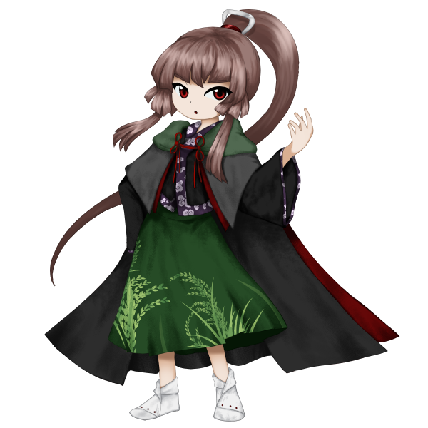 1other androgynous anmita_(rarutos) black_cape black_kimono brown_hair cape full_body green_skirt hair_ornament hand_on_own_hip hand_up japanese_clothes jynx_(style) kimono len&#039;en long_hair long_sleeves other_focus parted_lips personification ponytail red_eyes skirt socks solo tasouken variant_set white_socks