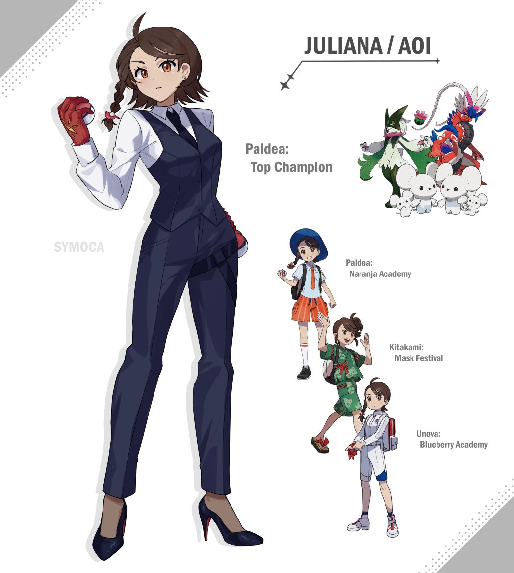 1girl aged_up ahoge alternate_costume arm_up artist_name black_necktie blue_pants braid brown_eyes brown_hair closed_mouth collared_shirt commentary english_commentary eyelashes high_heels holding holding_poke_ball juliana_(pokemon) koraidon long_sleeves mature_female maushold maushold_(family_of_four) meowscarada multiple_views necktie nintendo official_art_inset pants parted_bangs poke_ball poke_ball_(basic) pokemon pokemon_(creature) pokemon_sv shirt simple_background single_braid sleeves_past_wrists swept_bangs symoca white_background white_shirt