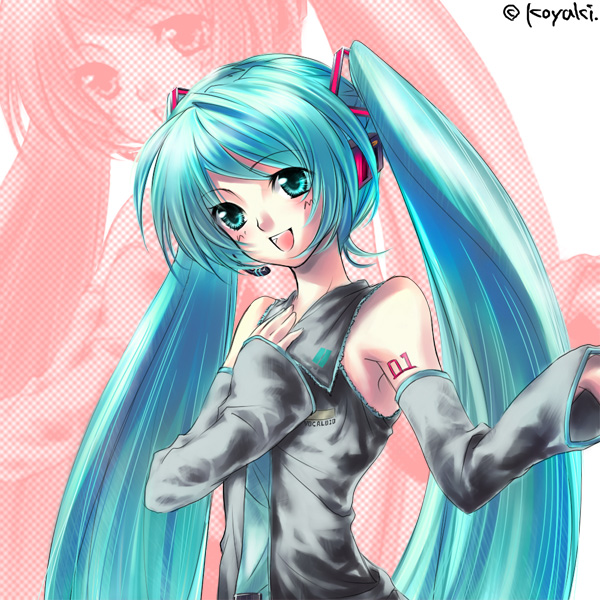 1girl 2000s_(style) blue_eyes blue_hair blue_necktie blush collared_shirt commentary_request detached_sleeves grey_shirt grey_sleeves hand_on_own_chest hatsune_miku koyuki_(rico) long_hair long_sleeves necktie number_tattoo open_mouth shirt shoulder_tattoo sleeveless sleeveless_shirt smile solo tattoo twintails upper_body very_long_hair vocaloid zoom_layer