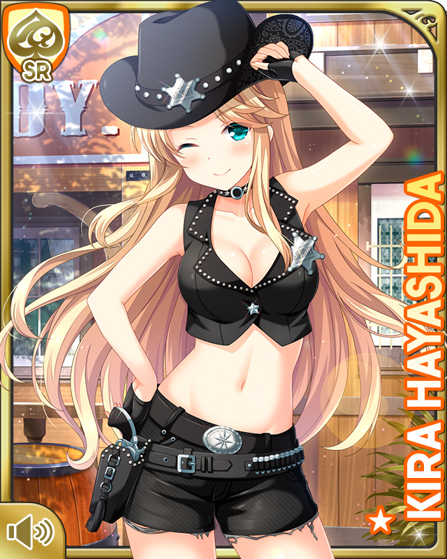 1girl badge black_gloves black_hat black_shorts blonde_hair boots card_(medium) closed_mouth cowboy_clothes cowboy_hat cowboy_western day fingerless_gloves girlfriend_(kari) gloves green_eyes gun handgun hat hayashida_kira long_hair midriff navel official_art one_eye_closed one_side_up outdoors pistol qp:flapper shorts smile solo weapon