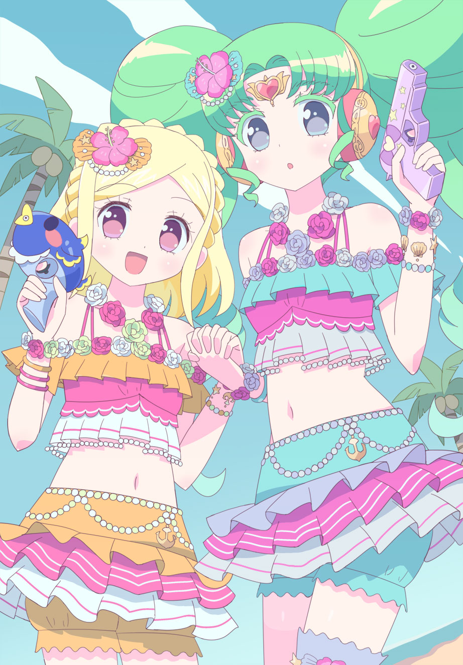 2girls :d :o bare_shoulders bikini bikini_shorts blonde_hair blue_bikini blue_sky bracelet braid breasts cameo cloud colored_eyelashes cowboy_shot crown_braid day double_bun falulu falulu_(awakened) flower forehead_jewel frilled_bikini frills green_hair grey_eyes grey_flower grey_rose hair_bun hair_flower hair_ornament hand_up headphones highres holding holding_hands holding_water_gun idol_clothes jewelry ku_(residual666) long_hair looking_at_viewer midorikaze_fuwari multiple_girls navel open_mouth orange_bikini outdoors palm_tree parted_bangs pink_flower pink_rose pretty_series pripara purple_eyes purple_flower purple_rose rose shorts sidelocks sky small_breasts smile swept_bangs swimsuit toriko_(pripara) tree water_gun wing_hair_ornament