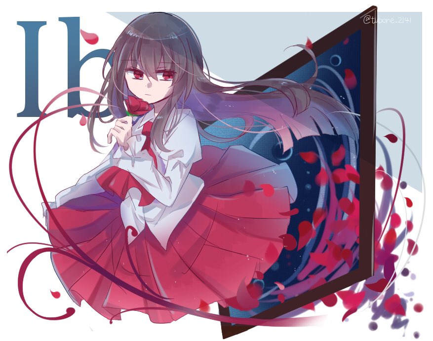 1girl ascot blunt_ends border brown_hair circle_skirt closed_mouth collared_shirt copyright_name cropped_legs expressionless floating_clothes floating_hair flower frilled_sleeves frills hair_between_eyes holding holding_flower ib_(ib) ib_(kouri) juliet_sleeves light_frown long_hair long_sleeves miniskirt painting_(object) petals picture_frame pleated_skirt puffy_sleeves red_ascot red_eyes red_flower red_ribbon red_rose red_skirt ribbon ripples rose rose_petals shadow shirt sidelocks skirt sleeves_past_wrists solo tubone_2141 twitter_username very_long_hair white_background white_border white_shirt