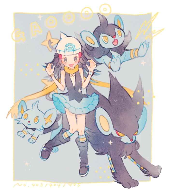 1girl :d alternate_color animal_hands bare_shoulders beanie black_fur black_hair black_shirt black_shoes blue_background blue_fur blue_skirt blue_socks boots border claws colored_sclera dawn_(pokemon) full_body gen_4_pokemon grey_eyes hair_ornament hairclip hat luxio luxray nintendo open_mouth pokemon pokemon_(creature) pokemon_dppt red_sclera ryokuno_green scarf shinx shirt shoes simple_background skirt sleeveless smile socks standing white_border white_hat yellow_eyes yellow_scarf