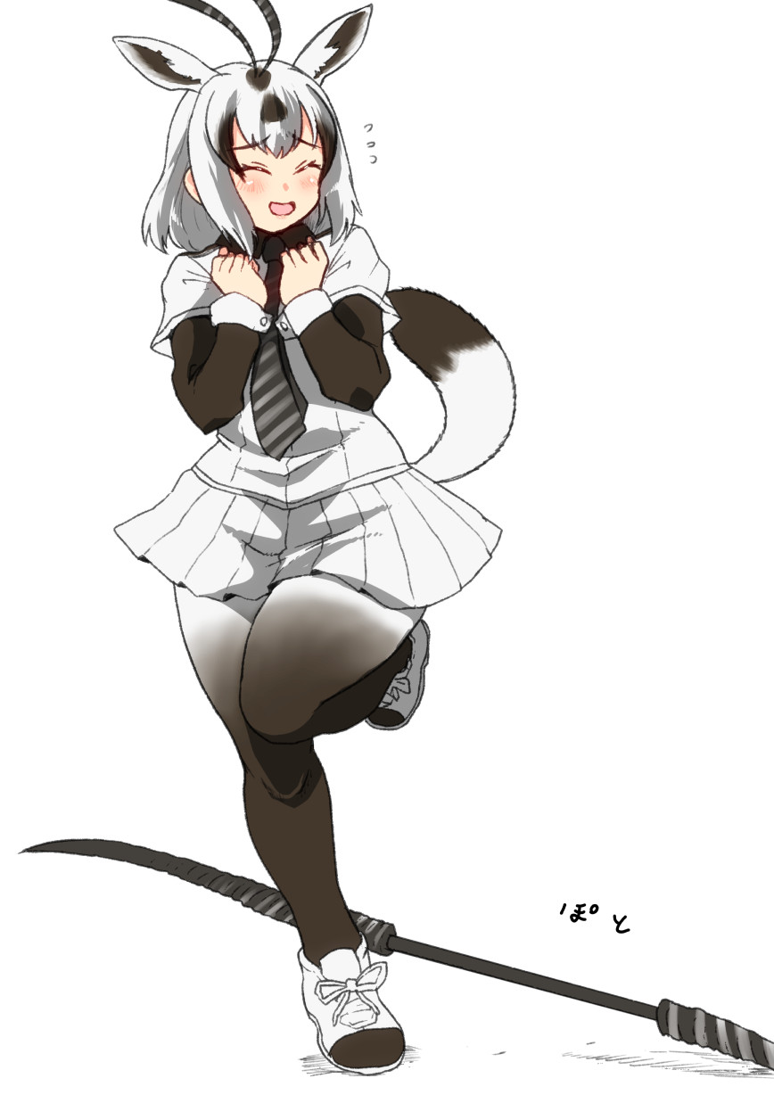 1girl animal_ears antenna_hair arabian_oryx_(kemono_friends) blush bodystocking brown_hair collared_shirt cuffs double-parted_bangs extra_ears flustered flying_sweatdrops foot_up furrowed_brow gazelle_ears gazelle_tail grey_hair hands_up highres horn_lance isna_(footprintsofisna) kemono_friends layered_sleeves long_sleeves medium_hair miniskirt multicolored_hair necktie open_mouth pleated_skirt polearm shirt shoes short_over_long_sleeves short_sleeves simple_background skirt smile solo standing standing_on_one_leg striped_necktie tail weapon white_background white_hair white_shirt white_skirt wing_collar