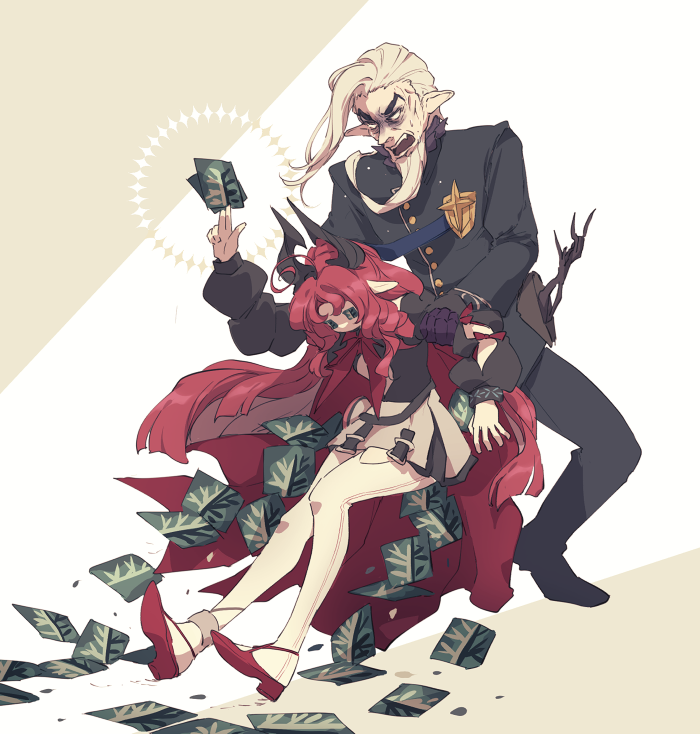 1boy 1girl angry arknights beard between_fingers cape card card_between_fingers dragging facial_hair floating_card fremont_(arknights) gameplay_mechanics holding horns lari_lab long_beard long_hair long_sleeves no_mouth nymph_(arknights) old old_man pants pointy_ears puffy_sleeves red_hair red_shoes shoes simple_background skirt thought_(arknights) very_long_hair