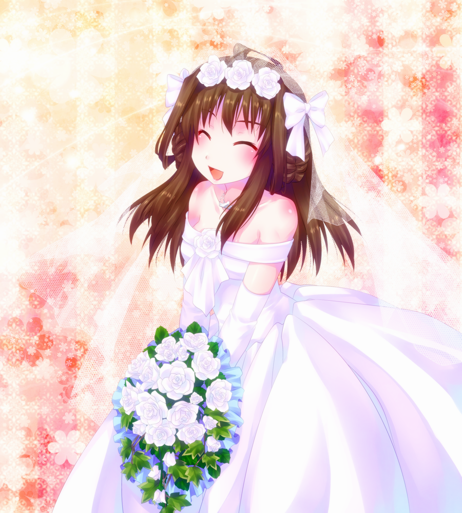 10s 1girl bad_id bad_pixiv_id bouquet brown_hair closed_eyes door_to_heaven dress elbow_gloves female_focus flower gloves hair_ornament hair_ribbon jewelry kantai_collection kongou_(kancolle) long_hair necklace open_mouth ribbon rose solo strapless strapless_dress veil wedding wedding_dress