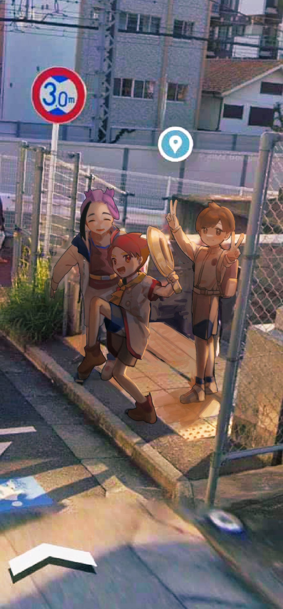 3boys black_hair brown_eyes brown_hair buttons chain-link_fence commentary_request crispin_(pokemon) day double_v fence florian_(pokemon) frying_pan high_school_girls_posing_for_google_street_view_(meme) highres holding holding_frying_pan jacket kieran_(pokemon) leg_up male_focus meme multicolored_hair multiple_boys nintendo open_clothes open_jacket outdoors pokemon pokemon_sv purple_hair shirt shoes short_hair shorts sign socks standing two-tone_hair uou_sleep v