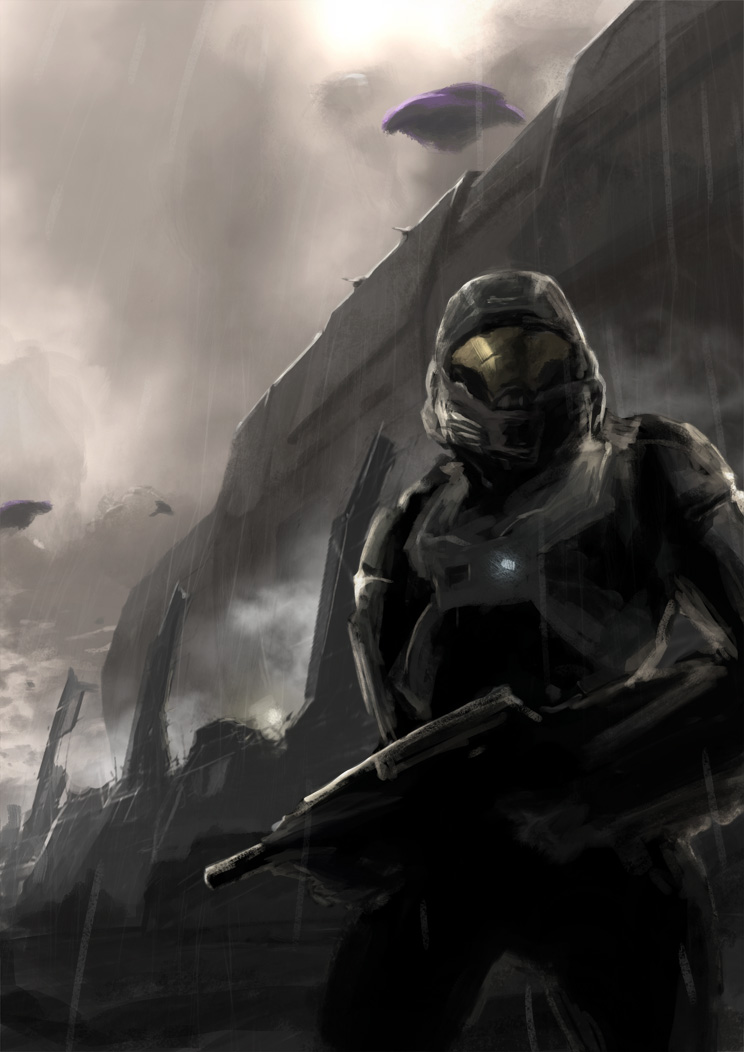 1boy armor assault_rifle bullpup gun halo:_reach halo_(game) halo_(series) helmet ma5 male_focus outdoors power_suit rain rifle ship sky solo spacecraft spartan spartan-b312 spartan_(halo) the_pillar_of_autumn unsc_pillar_of_autumn watercraft weapon youhey