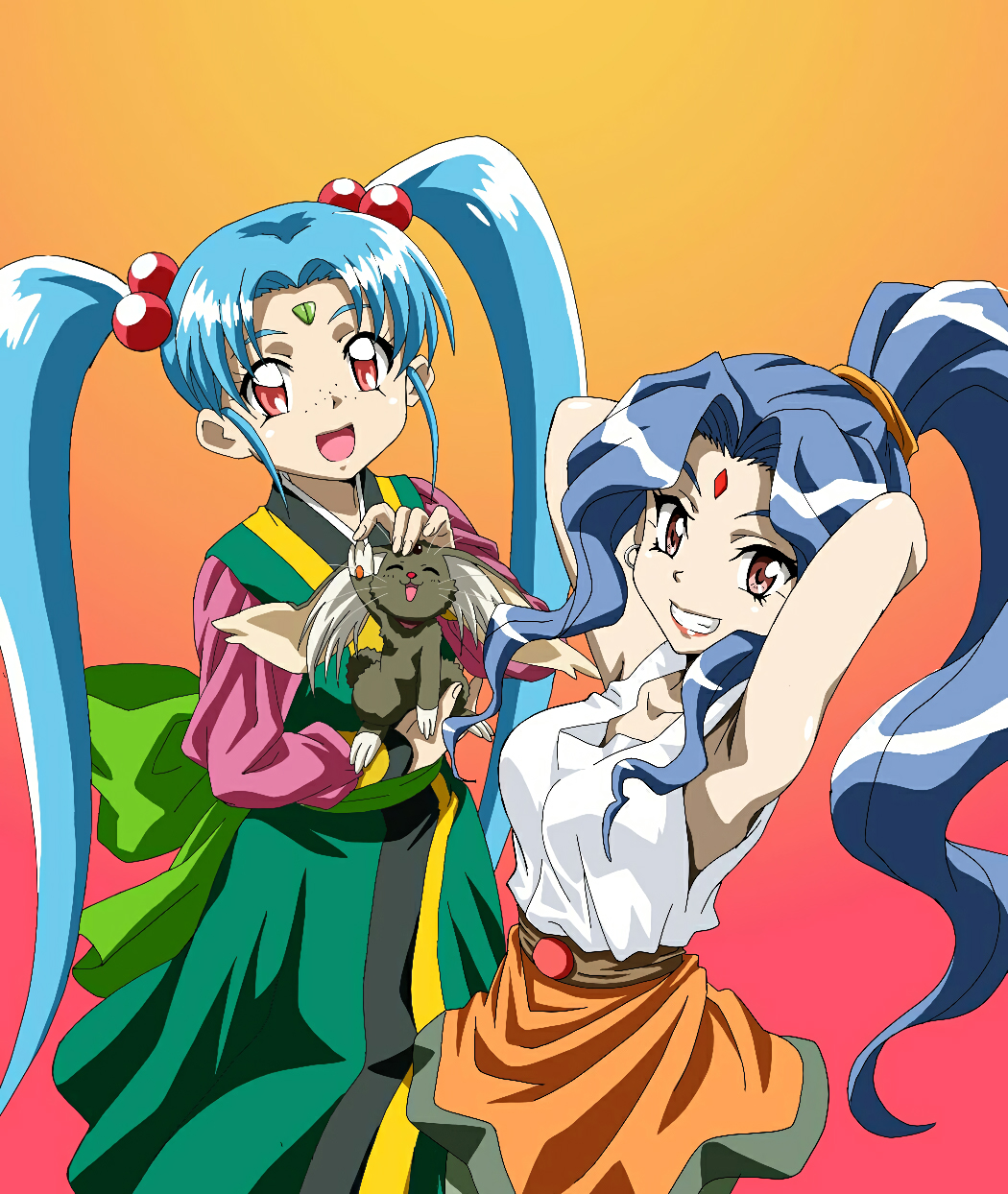 2girls alielle animal arms_behind_head arms_up blue_hair brown_eyes crossover earrings el_hazard facial_mark forehead_mark freckles grin hair_bobbles hair_ornament high_ponytail highres holding holding_animal jewelry long_hair long_sleeves looking_at_viewer masaki_sasami_jurai multiple_girls open_mouth petting ponytail red_eyes ryou-ouki sleeveless smile tenchi_muyou! twintails very_long_hair