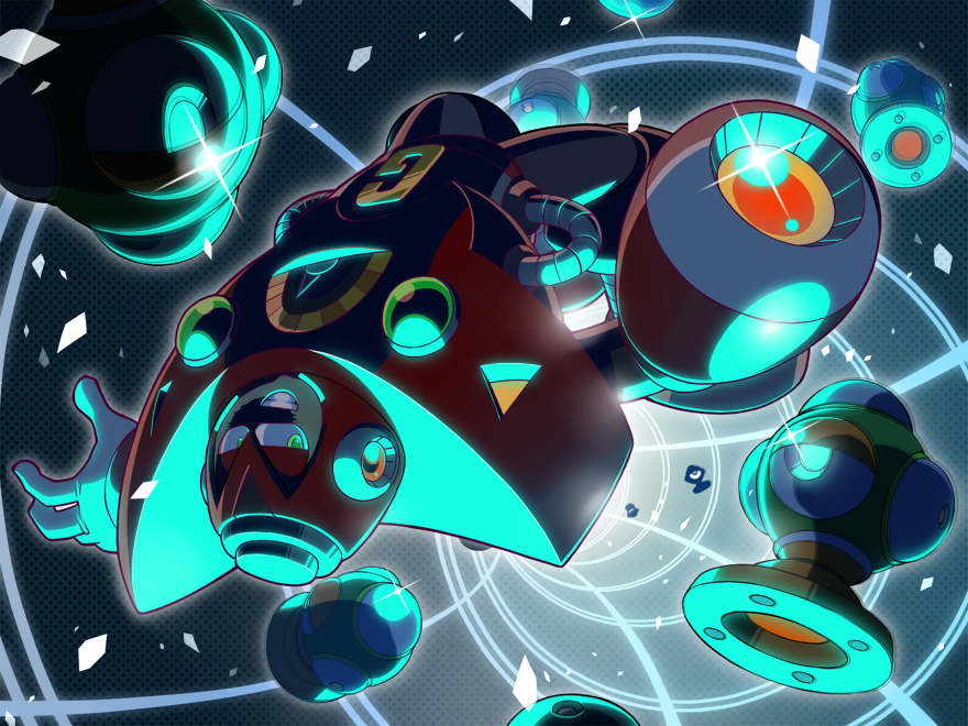 1boy android arm_cannon armor commentary_request debris floating glint gloves gravity_man green_eyes looking_at_viewer male_focus mega_man_(classic) mega_man_(series) mega_man_5 napo robot suzy_g_(mega_man) upside-down weapon white_gloves