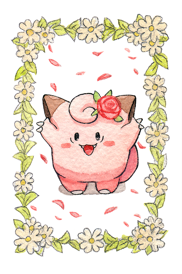 :d arms_up black_eyes blush blush_stickers claws clefairy commentary english_commentary fangs flower gen_1_pokemon hair_flower hair_ornament looking_at_viewer nintendo no_humans oliver_hamlin open_mouth painting_(medium) petals pokemon pokemon_(creature) red_flower red_rose rose simple_background smile solid_oval_eyes solo traditional_media watercolor_(medium) white_background white_flower