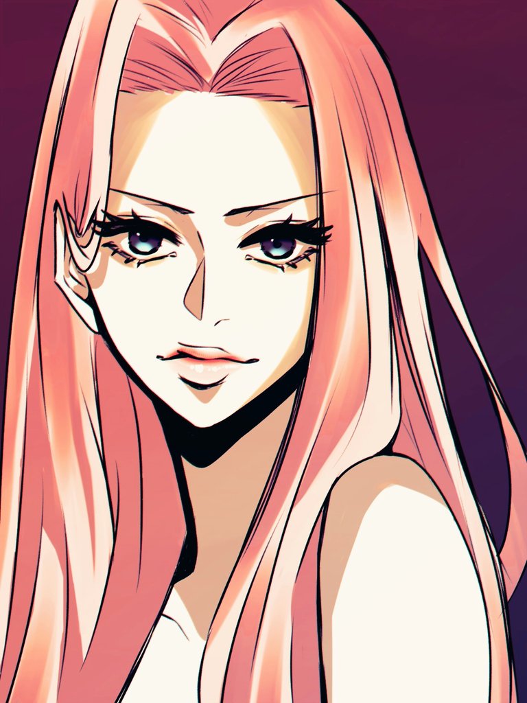 1girl blue_eyes closed_mouth commentary detective_0414 eyelashes hair_behind_ear hina_(one_piece) long_hair looking_at_viewer one_piece pink_hair purple_background simple_background solo upper_body