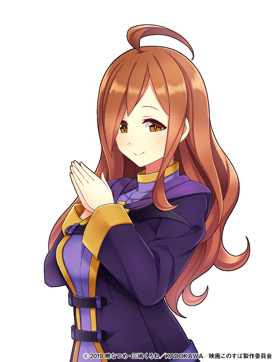 1girl ahoge breasts brown_eyes brown_hair cowboy_shot crossover edamame_senpai female_focus kono_subarashii_sekai_ni_shukufuku_wo! large_breasts long_hair long_sleeves looking_at_viewer official_art own_hands_together robe simple_background smile solo transparent_background vivid_army watermark white_background wiz_(konosuba)
